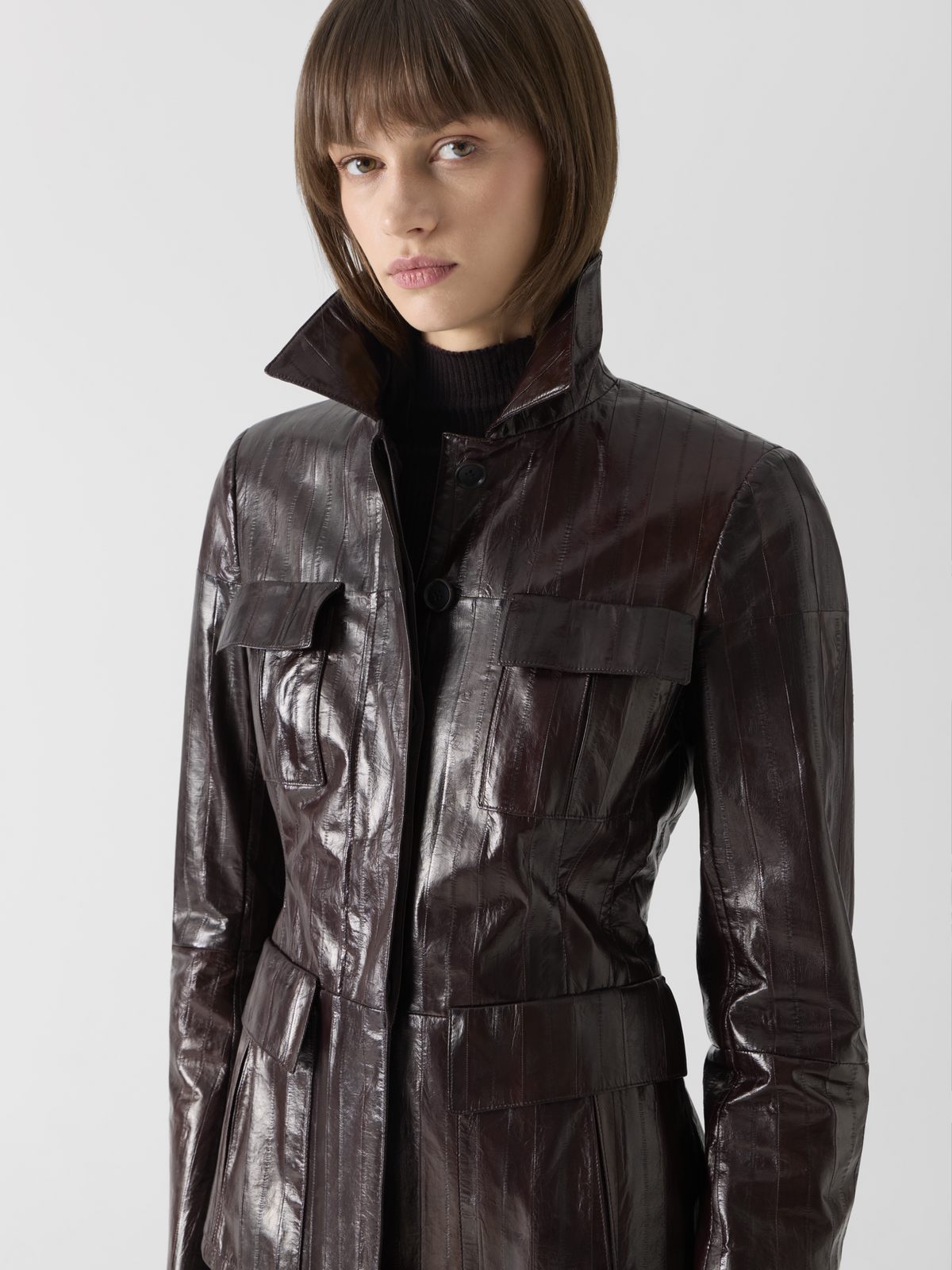 Designer Fitted Lacquered Eel Leather Jacket - brown #editorial