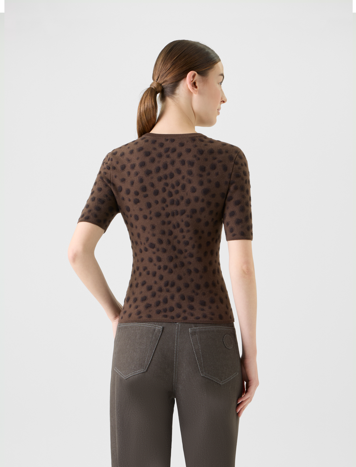 Designer Fitted Merino Wool Knit Top in Leopard Jacquard - neutral - brown #editorial