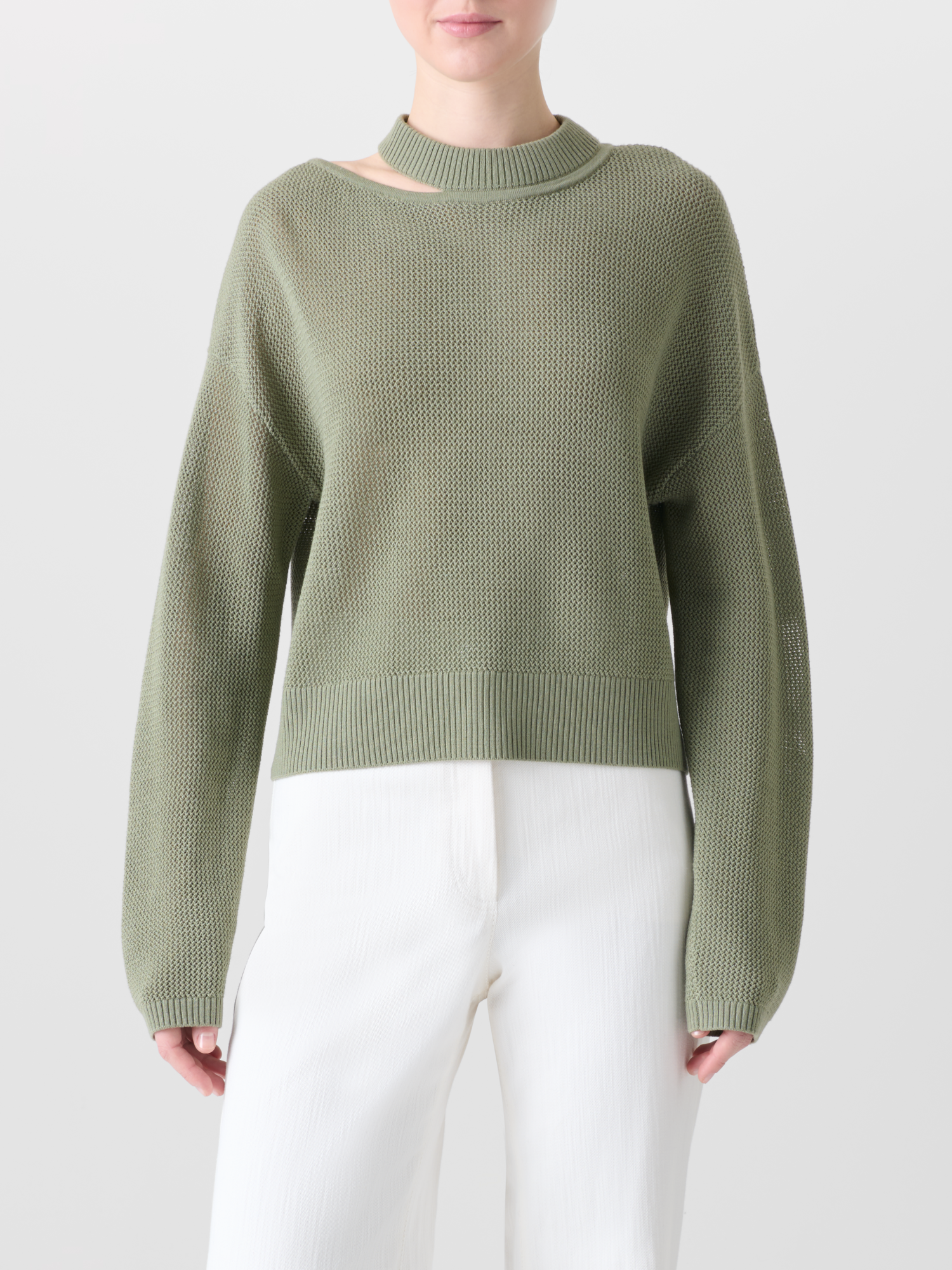 Designer Merino Wool Sweater with Shoulder Cut-Out - neutral - green 