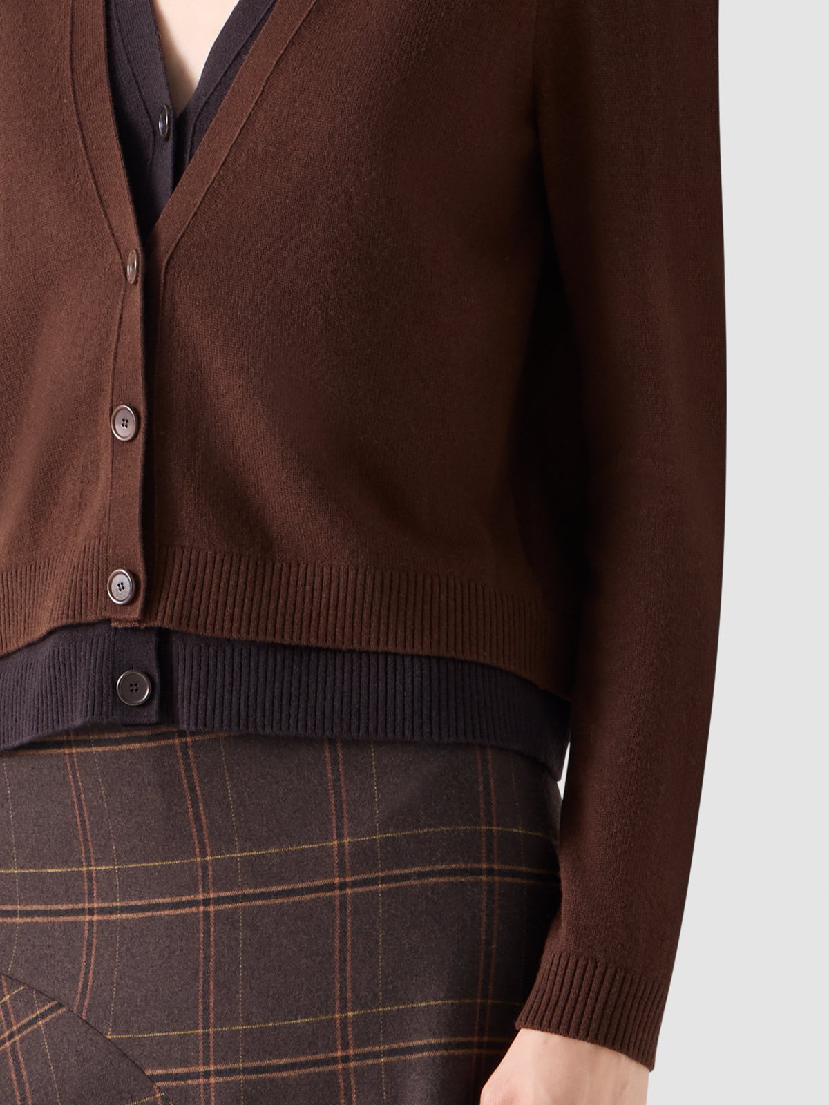 Designer Wool Cashmere Cardigan with V-Neck Trompe l'Oeil - brown #editorial