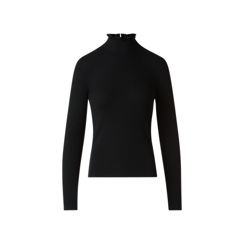 Merino Wool Knit Ruffle Mock Neck Sweater