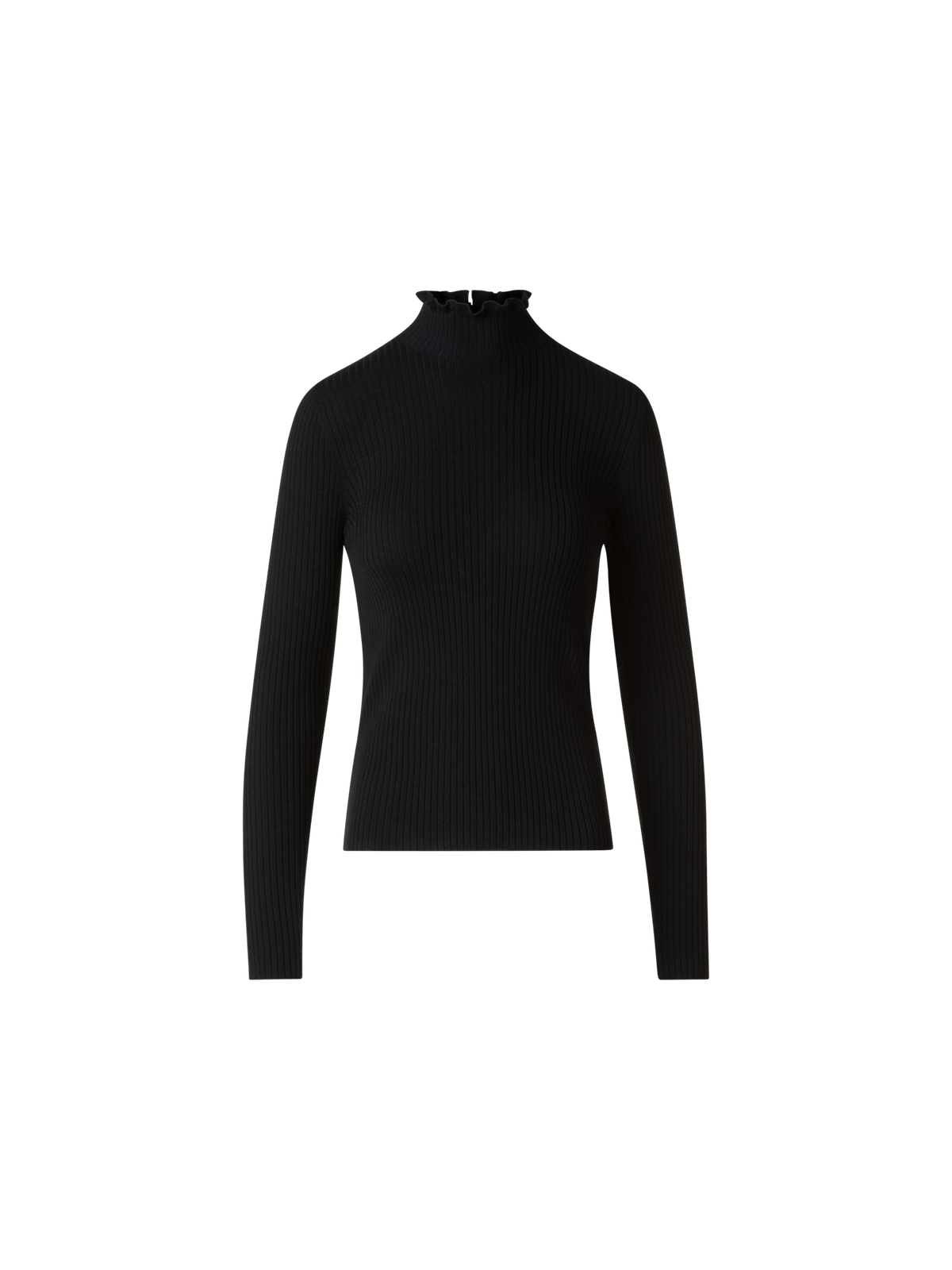 Designer Merino Wool Knit Ruffle Mock Neck Sweater - black - neutral