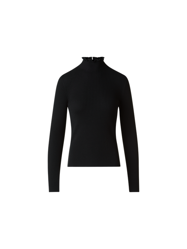 Designer Merino Wool Knit Ruffle Mock Neck Sweater - black - neutral