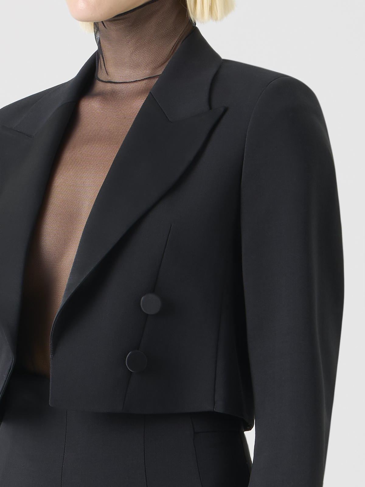 Designer Cropped Wool Double-Face Jacket with Satin Lapel - black #editorial