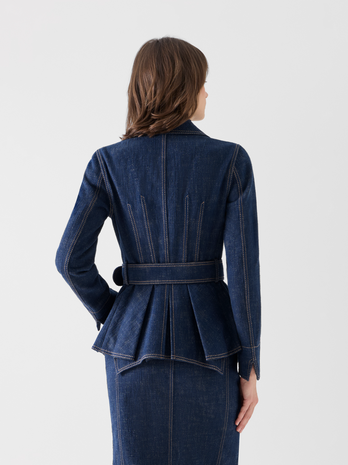 Designer Belted Jacket in Brushed Winter Denim - navy 
