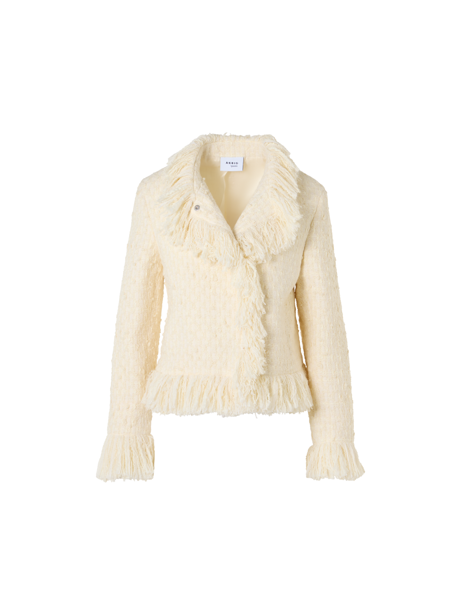 Designer Tweed Jacket with Fringed Edges - ecru