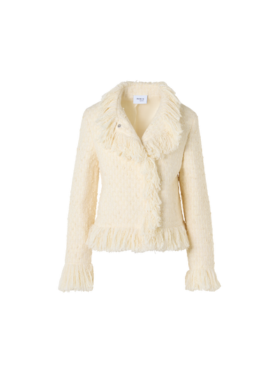 Designer Tweed Jacket with Fringed Edges - ecru