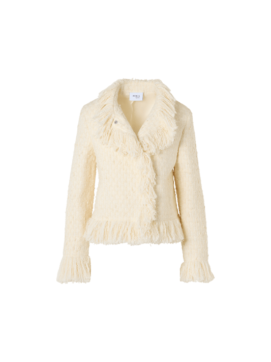 Designer Tweed Jacket with Fringed Edges - ecru