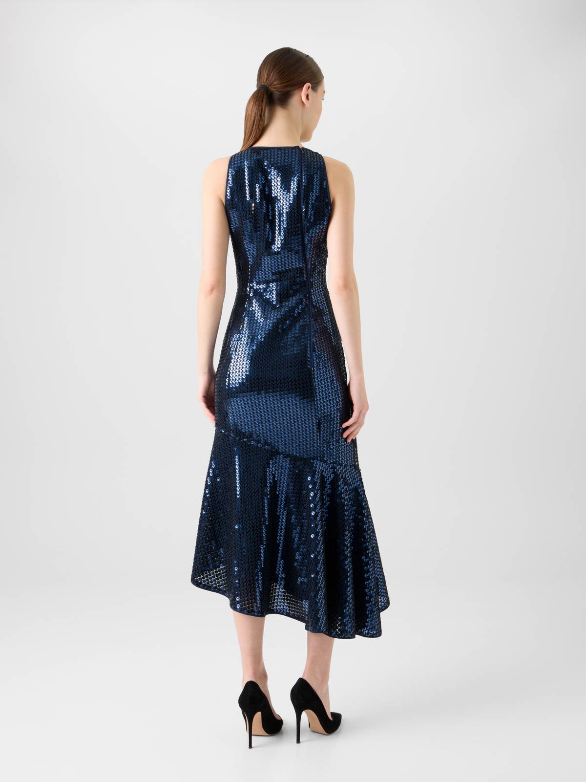 Designer Asymmetrical Sequin Dress with Flounce Hem - neutral - navy - blue #editorial