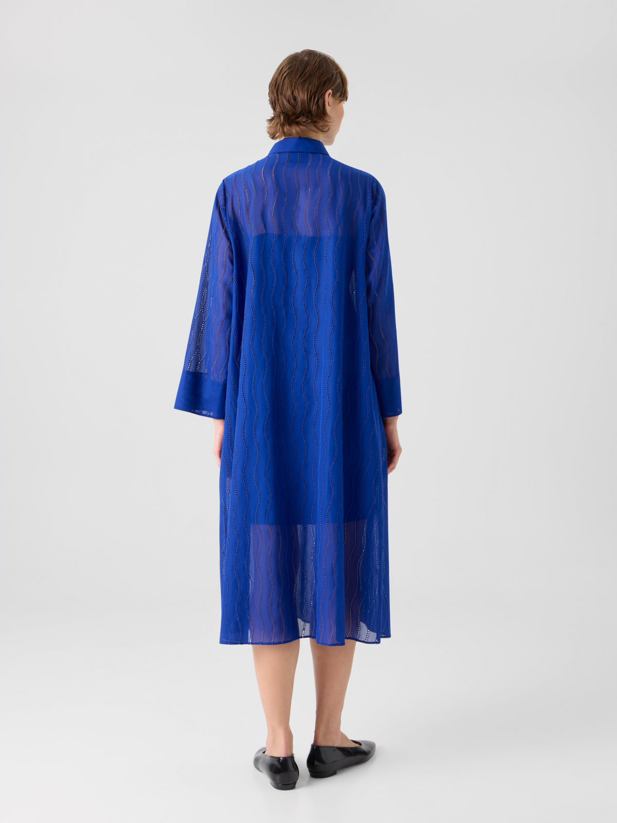Designer Midi Shirt Dress with Wave Embroidery - blue