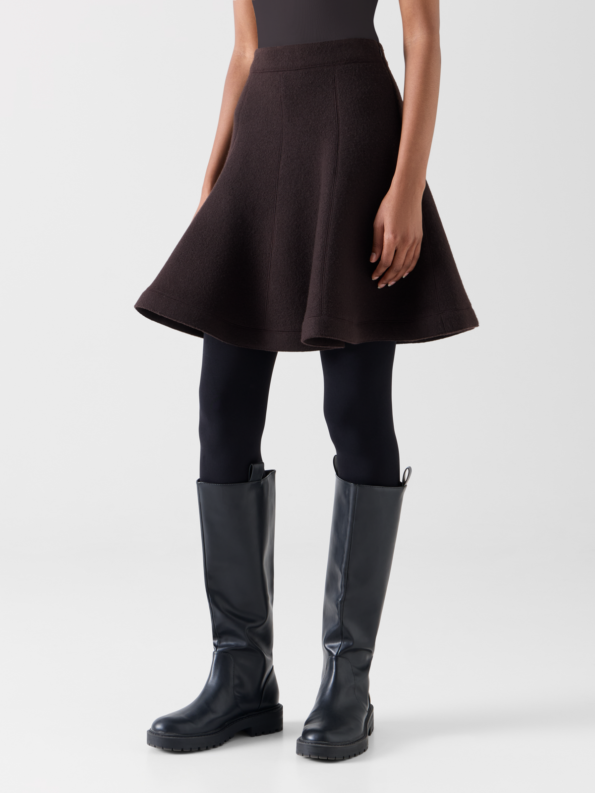 Designer Flared Skirt in Boiled Wool - brown #editorial