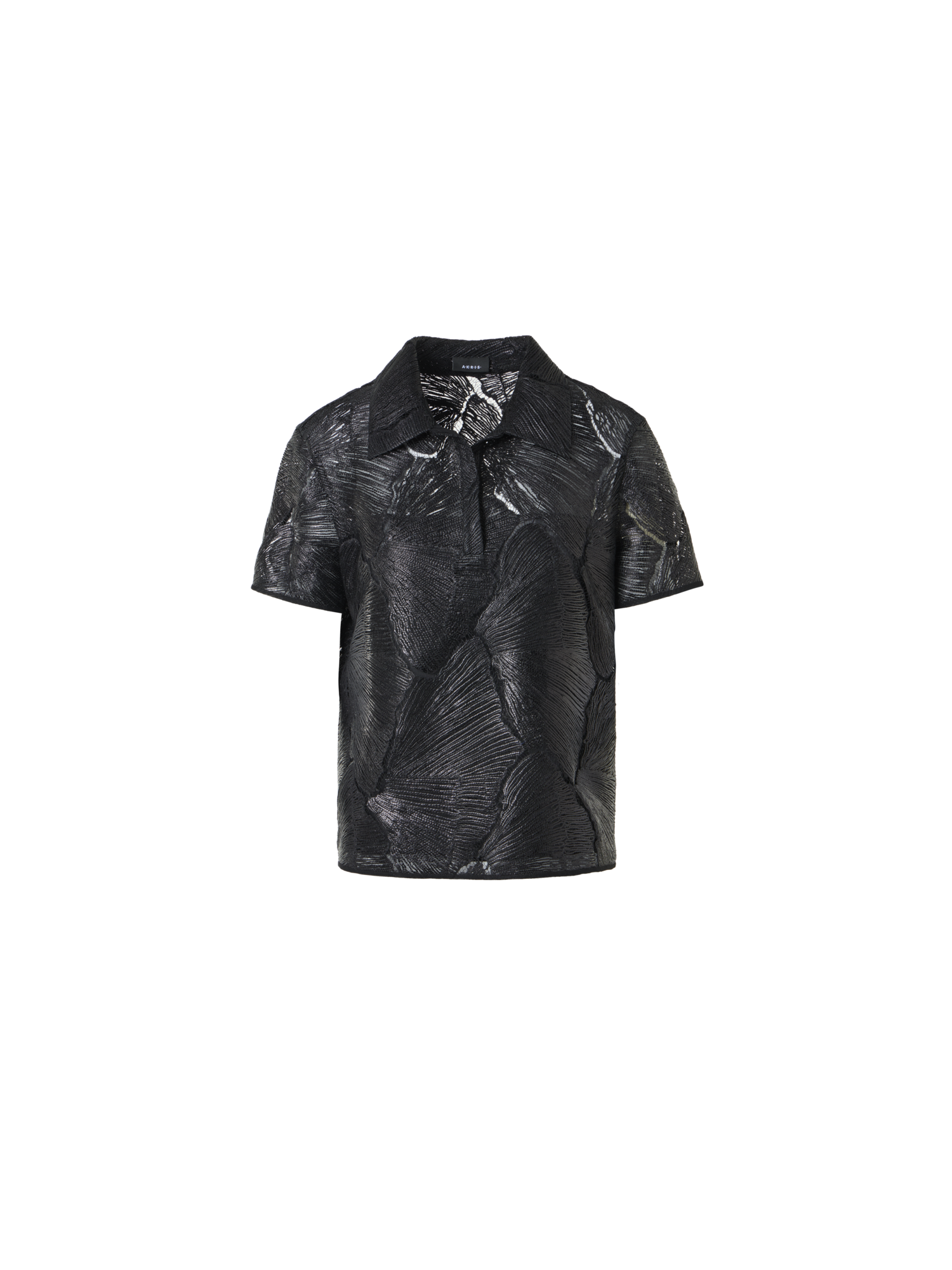 Designer Polo Blouse in Lacquered Sea Fan Lace  - black