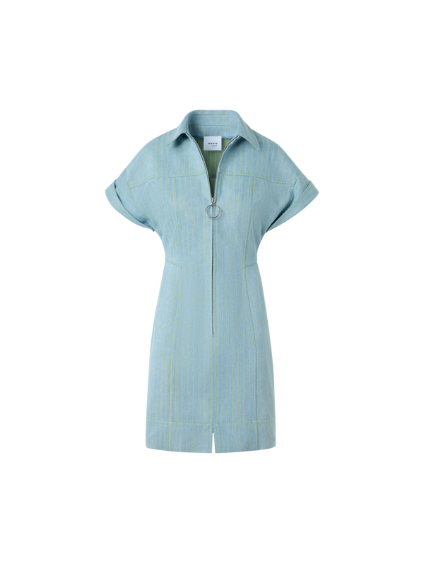 Designer Fitted Pinstripe Denim Mini Shirt Dress - blue