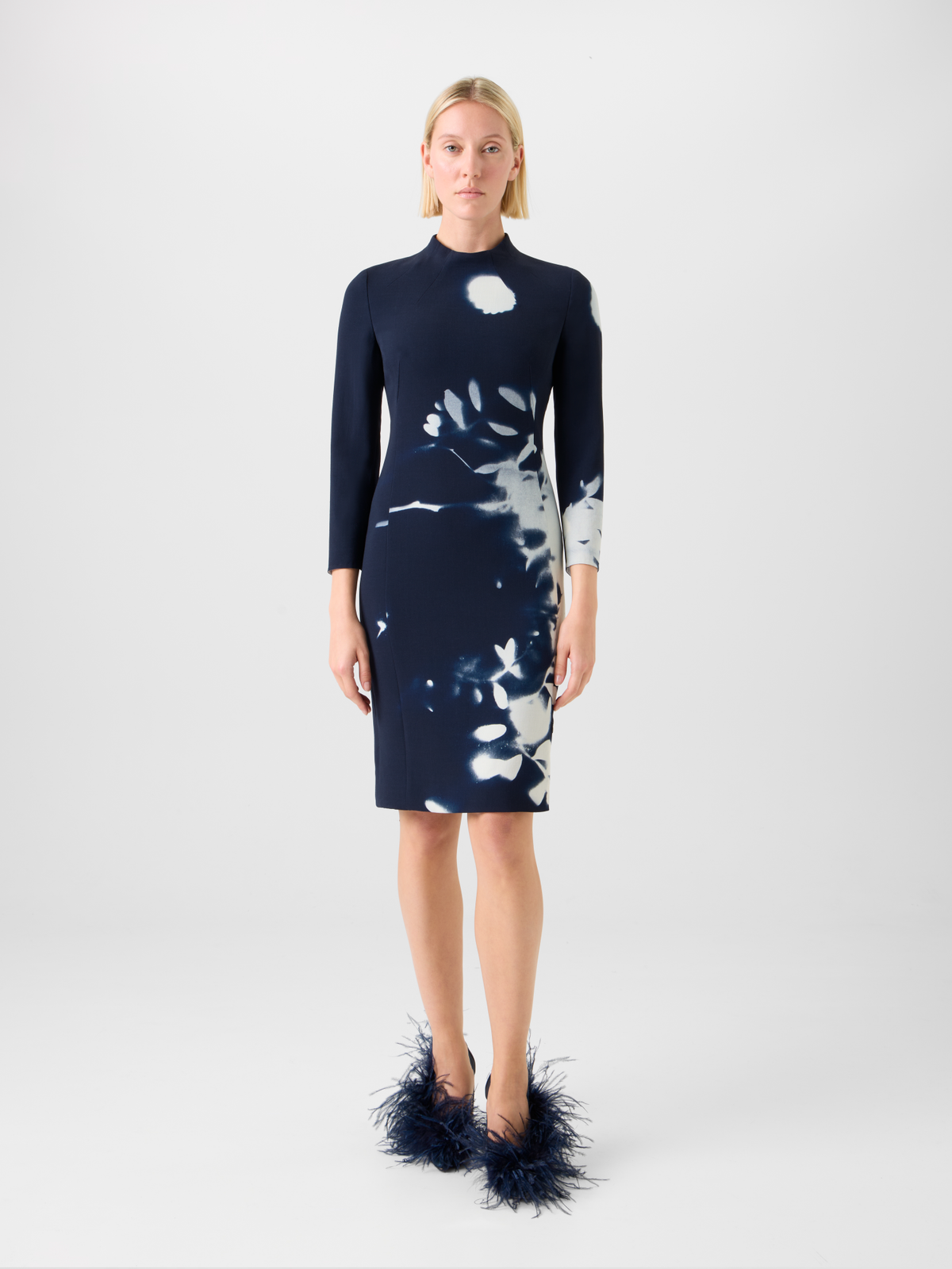 Designer Short Wool Mock Neck Dress in Wildflower Print - neutral - navy - blue - multicolor #editorial