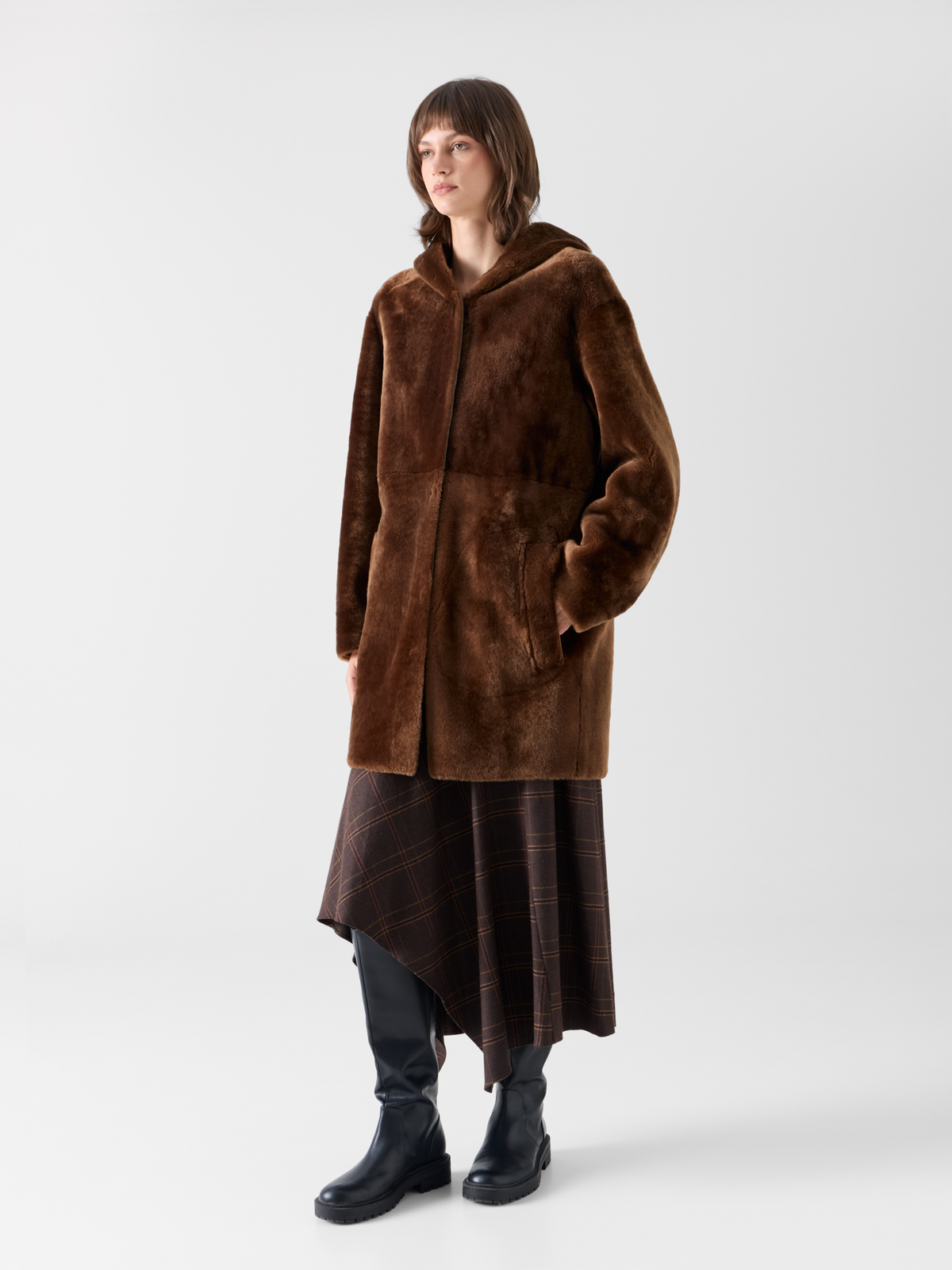 Designer Oversize Reversible Lamb Fur Parka with Hood - brown 