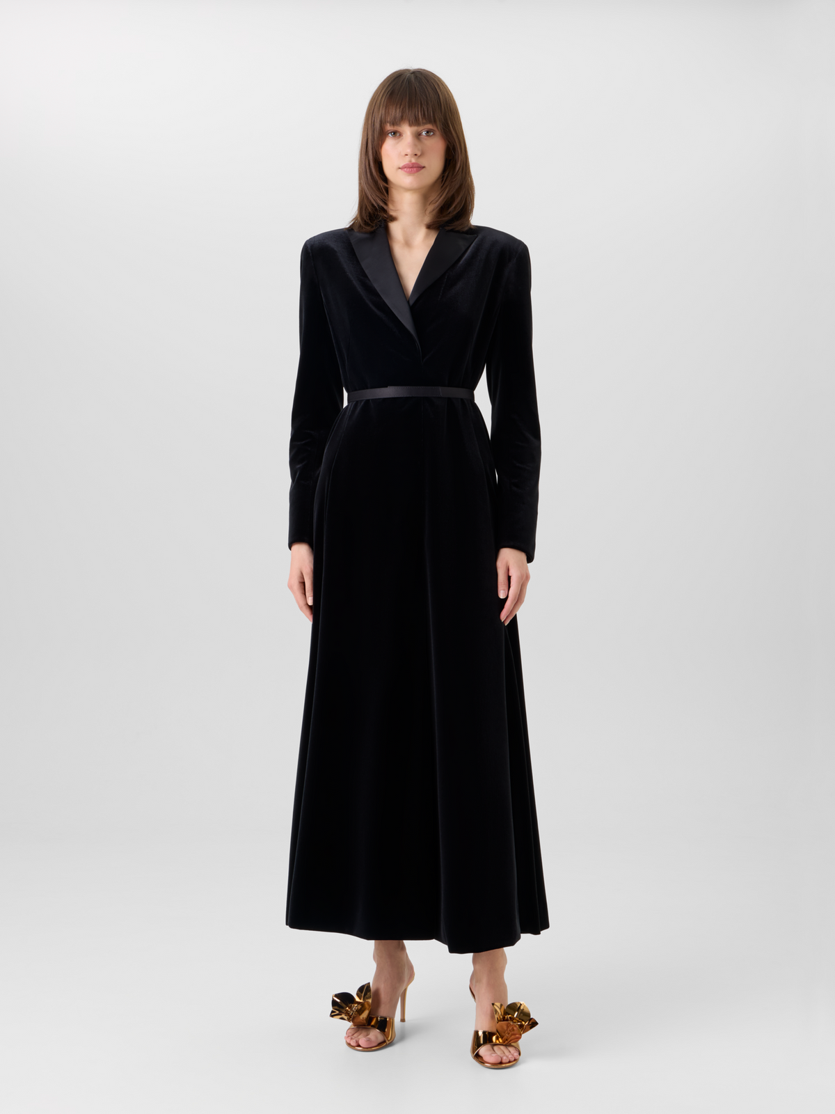 Designer Velvet Midi Dress with Satin Lapel - black 