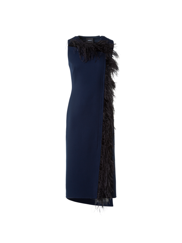 Designer Asymmetrical Midi Dress with Feather Trim - navy - blue - multicolor