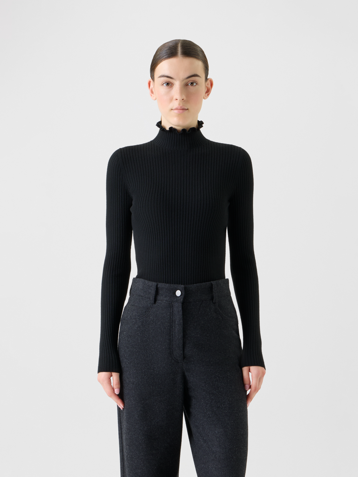 Designer Merino Wool Knit Ruffle Mock Neck Sweater - black - neutral #editorial