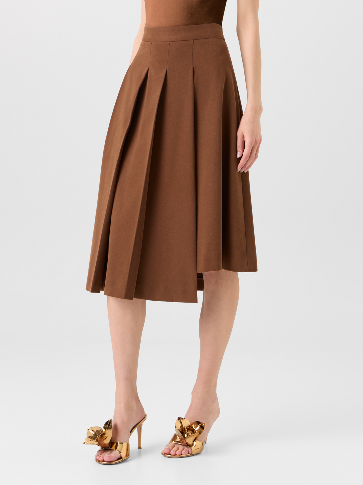 Designer Side Pleated Midi Skirt in Cotton Wool Gabardine - brown 
