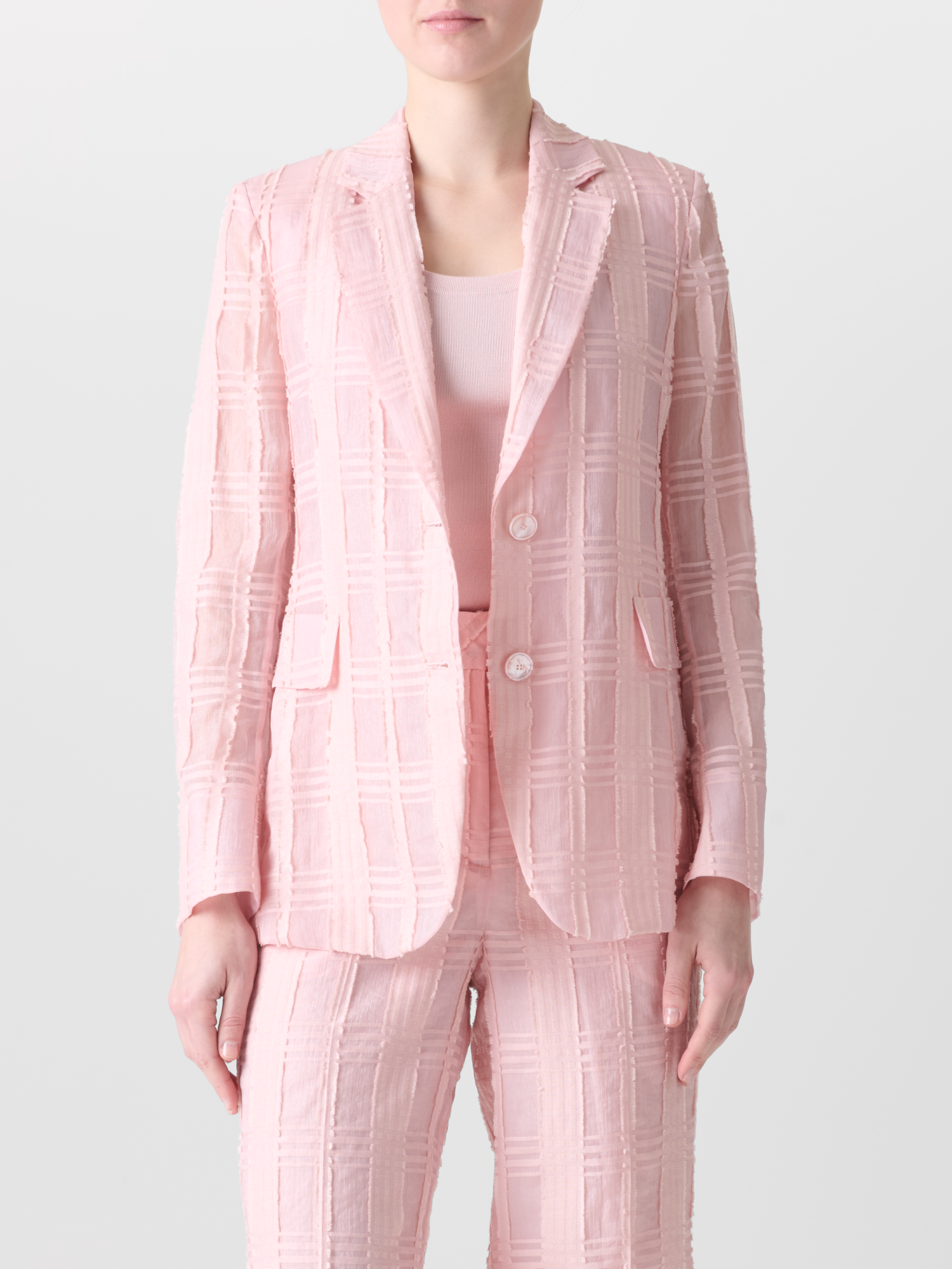 Designer Long Blazer Jacket in Sheer Cotton Plaid - pastel - pink 