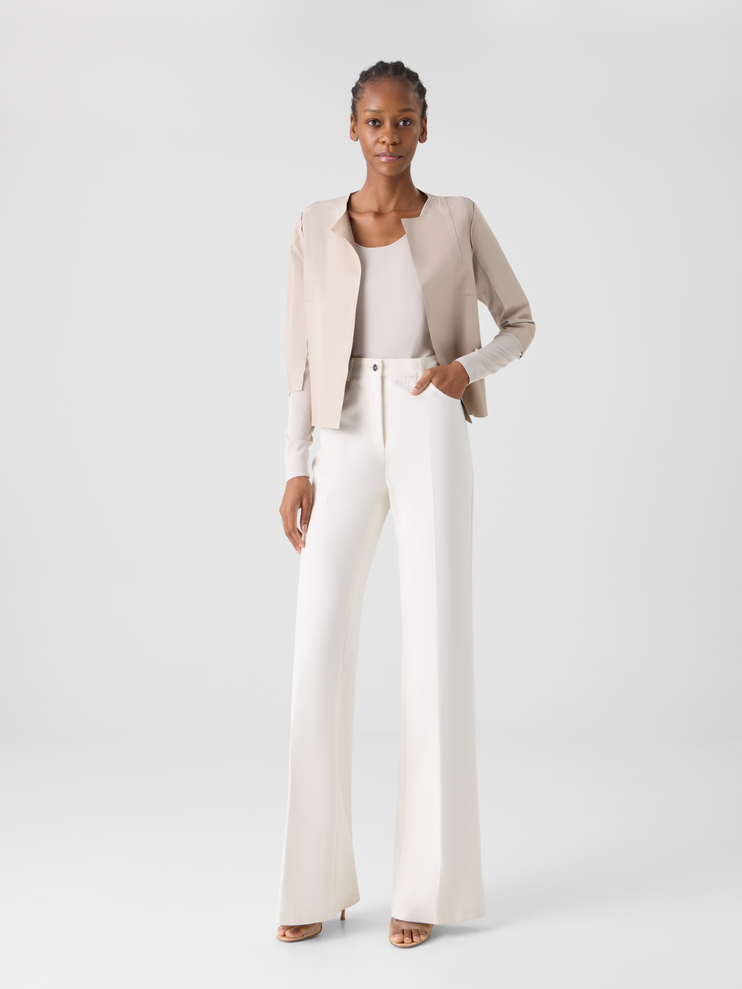 Designer Leather Panel Knit Cardigan with Sheer Back - neutral - beige 