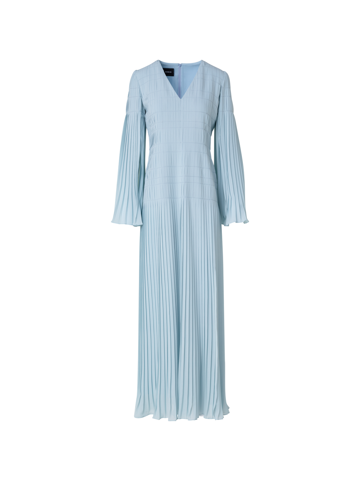 Designer Long Pleated Gown with Long Flared Sleeves - blue