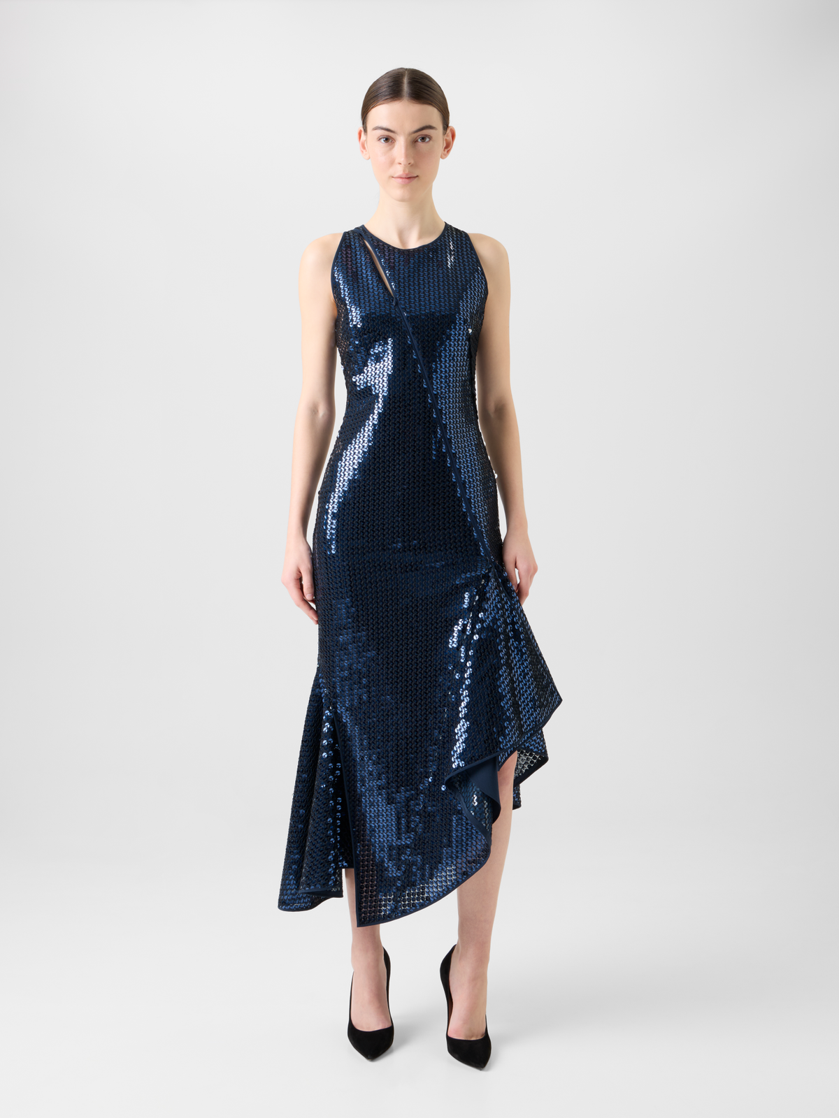 Designer Asymmetrical Sequin Dress with Flounce Hem - neutral - navy - blue #editorial