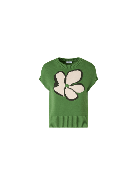 Designer Cap-Sleeve Papercut Flower Knit Sweater - green