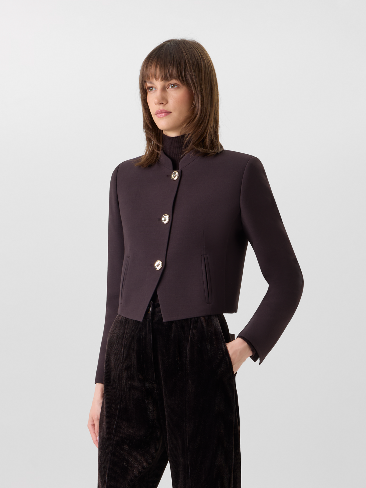 Designer Short Wool Double-Face Jacket with Gold Buttons - brown #editorial