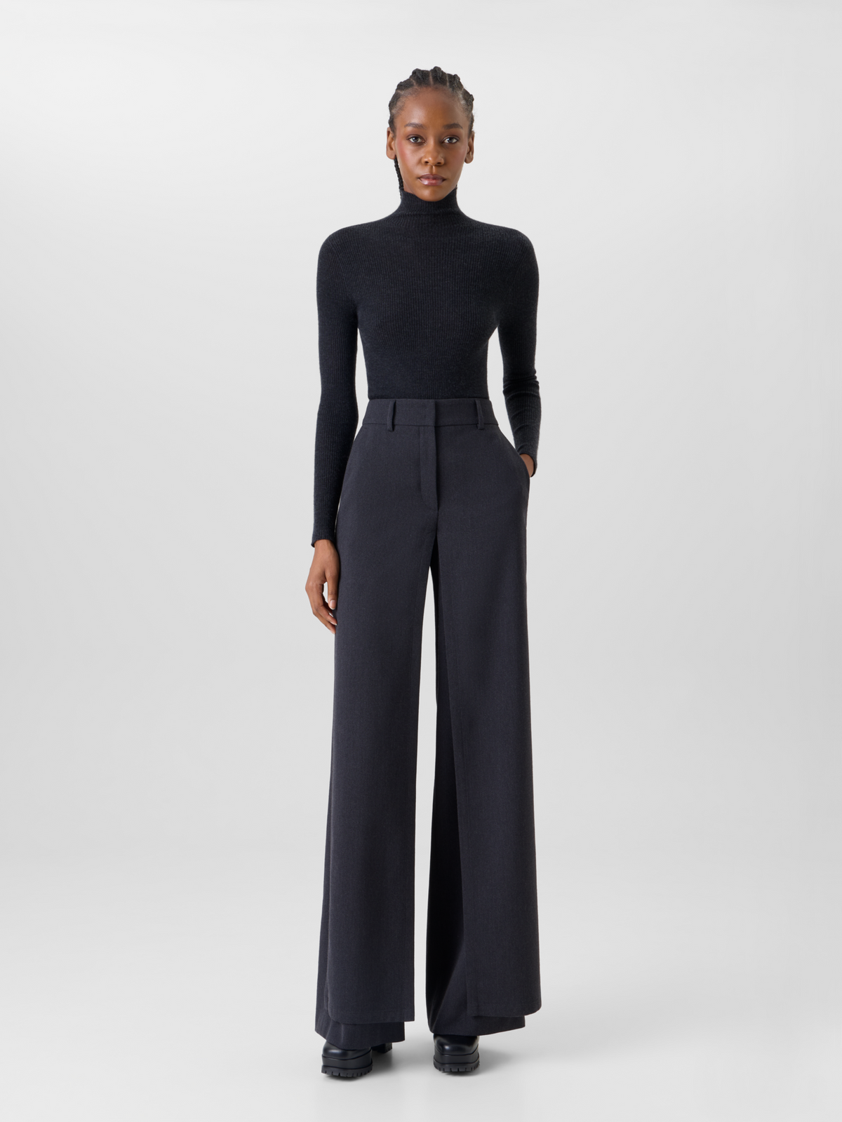 Designer Wide Wool Gabardine Pants with Front Overlayer - grey 