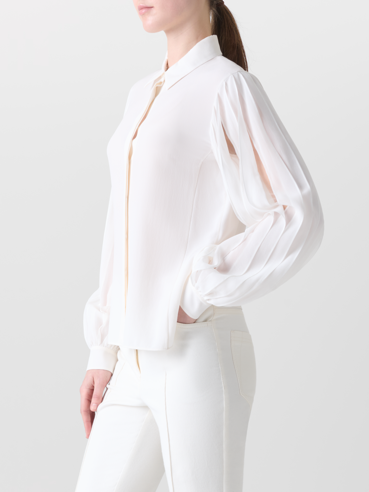 Designer Silk Blouse with Ribbon Sleeves - neutral - ecru - white