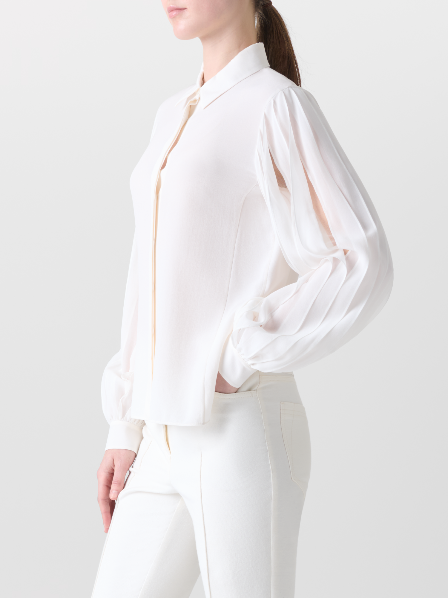 Designer Silk Blouse with Ribbon Sleeves - neutral - ecru - white