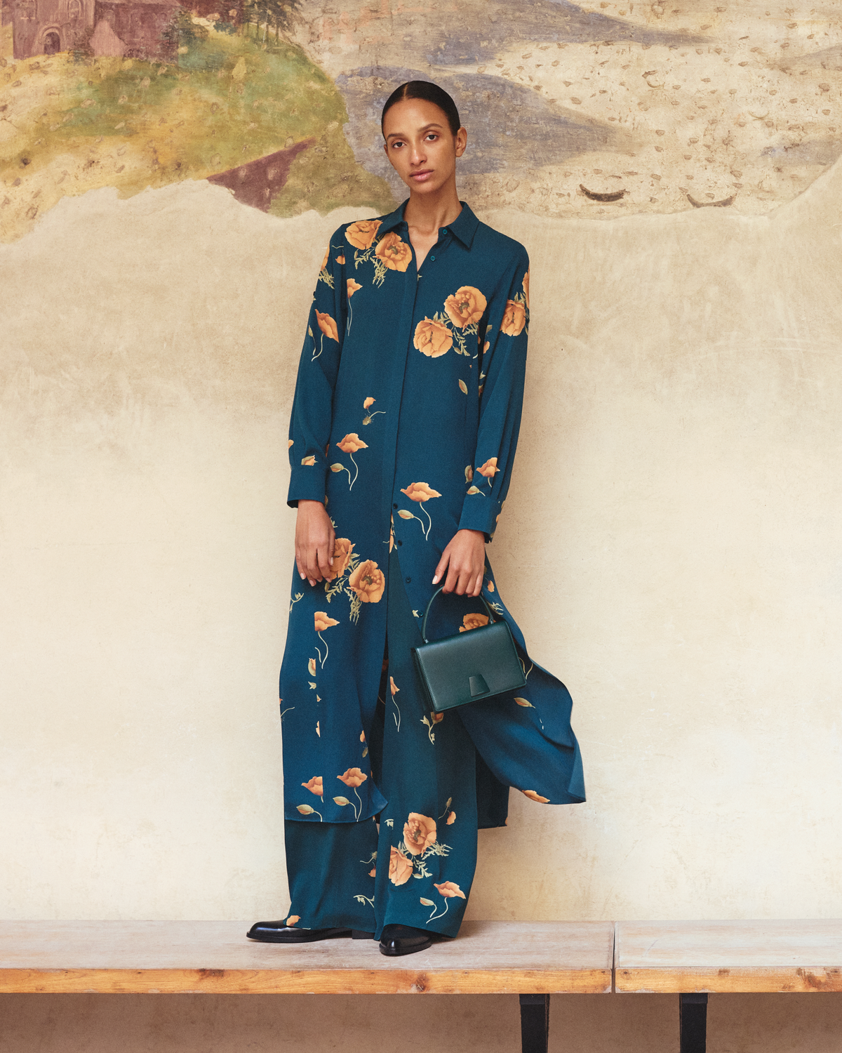 Designer Long Silk Tunic Dress with Anemone Print - green - multicolor