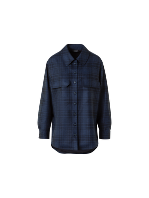 Designer Oversized Wool Flannel Plaid Shirt Jacket - neutral - navy - blue