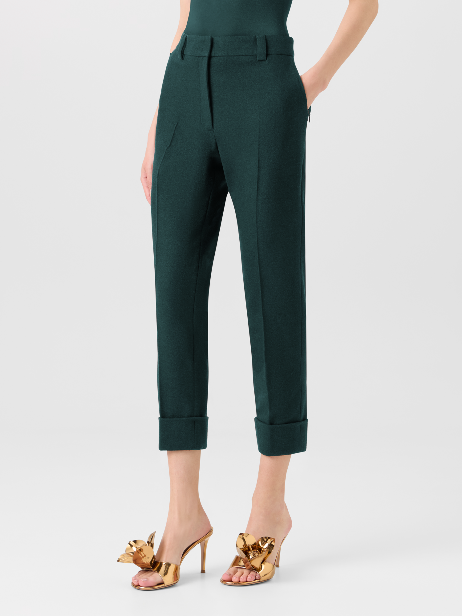 Designer Cuffed Tapered Flannel Pants - green 