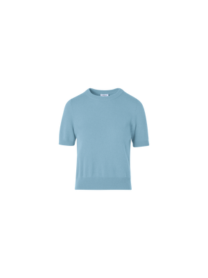Designer Wool Cashmere Knit Sweater with Short Sleeves - blue