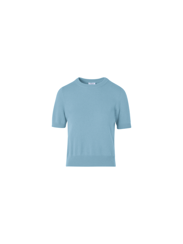 Designer Wool Cashmere Knit Sweater with Short Sleeves - blue