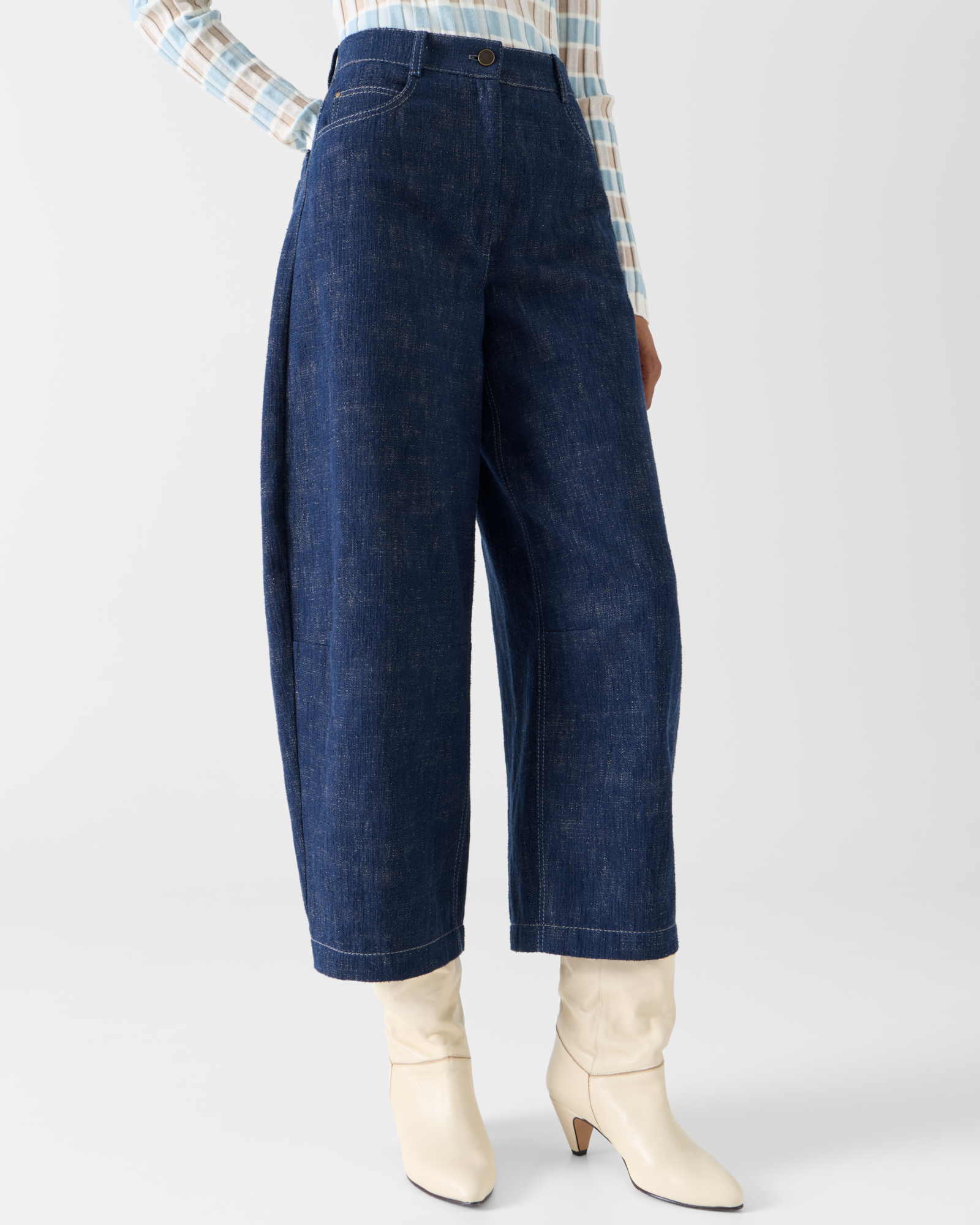 Designer Barrel Leg Pants in Brushed Winter Denim - navy 