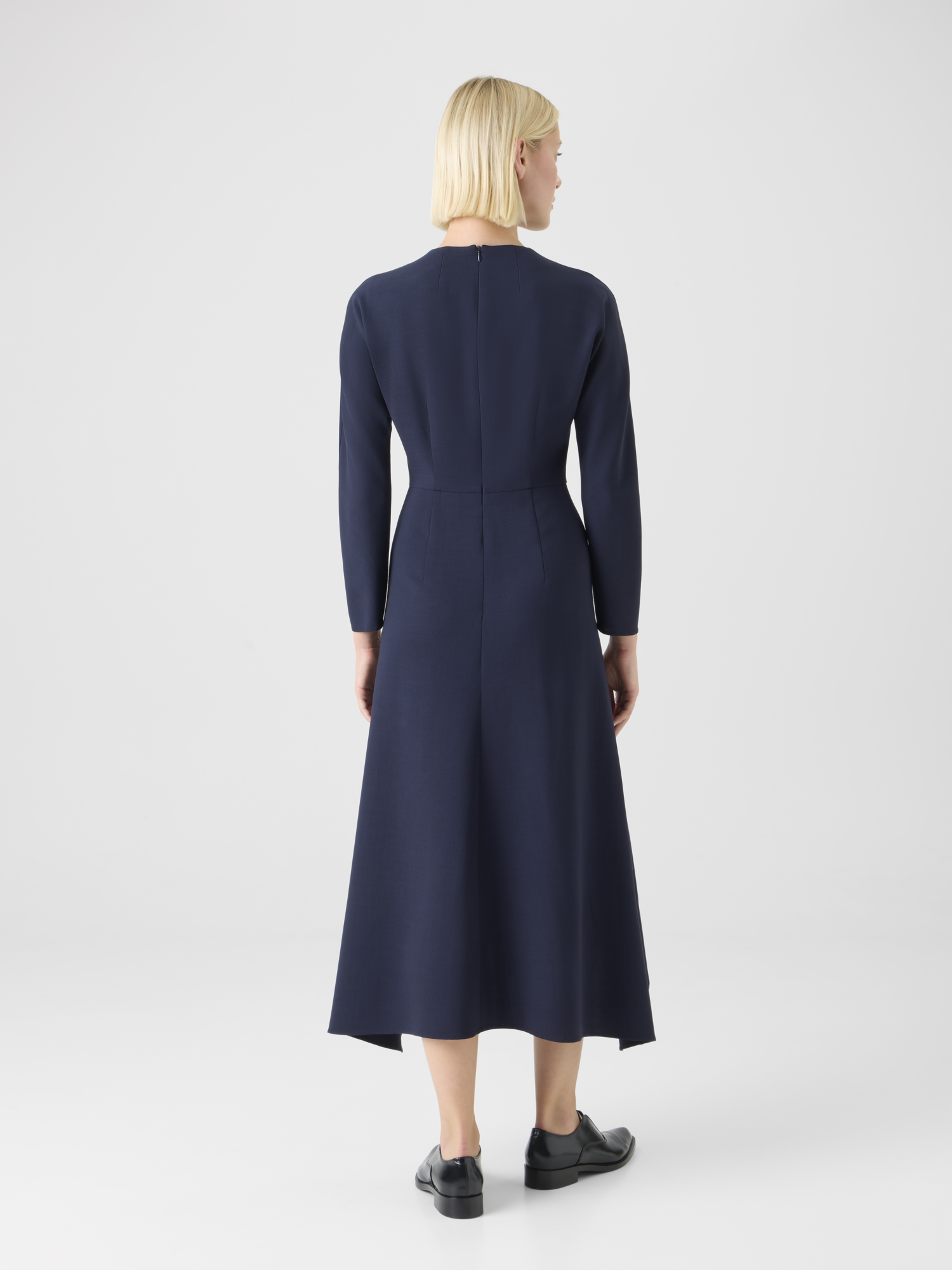 Designer Asymmetrical Cool Wool Midi Dress - navy - blue 