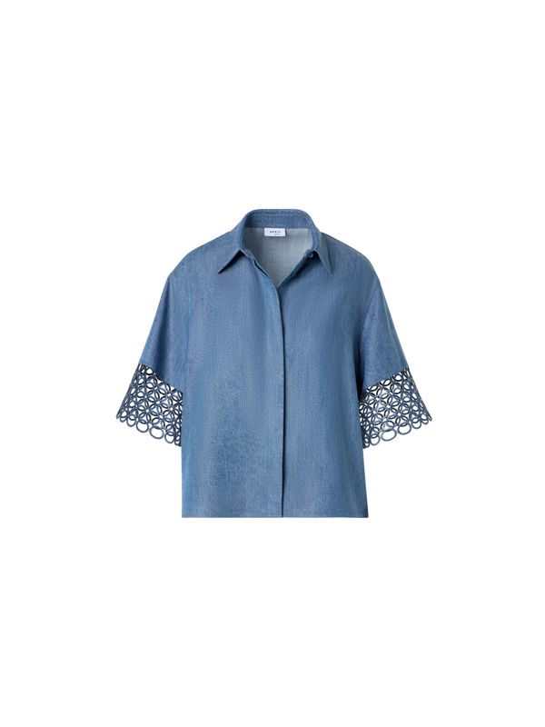 Designer Denim Blouse with Eyelet Guipure - blue