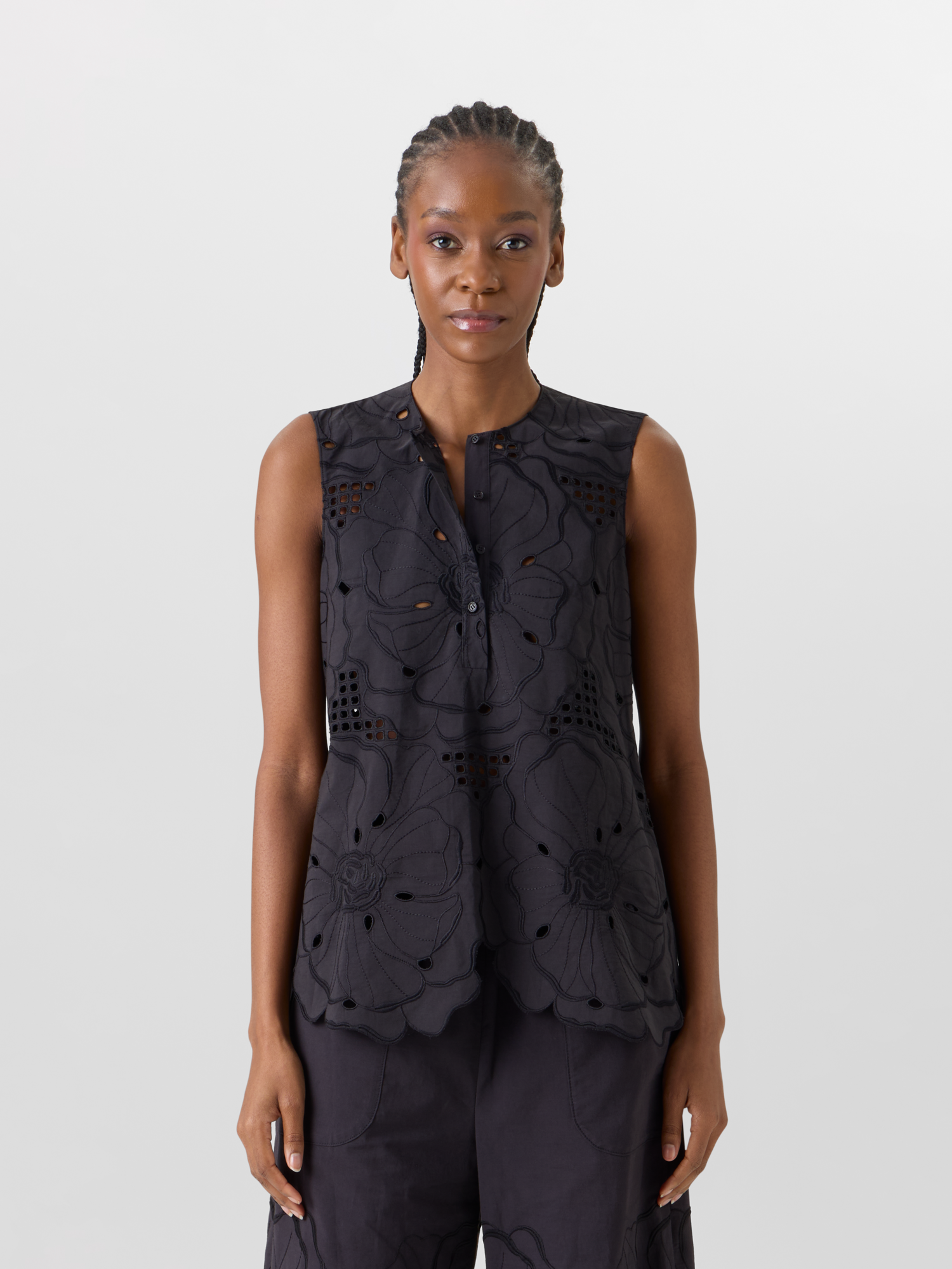 Designer Sleeveless Flower Eyelet Tunic Blouse - black 