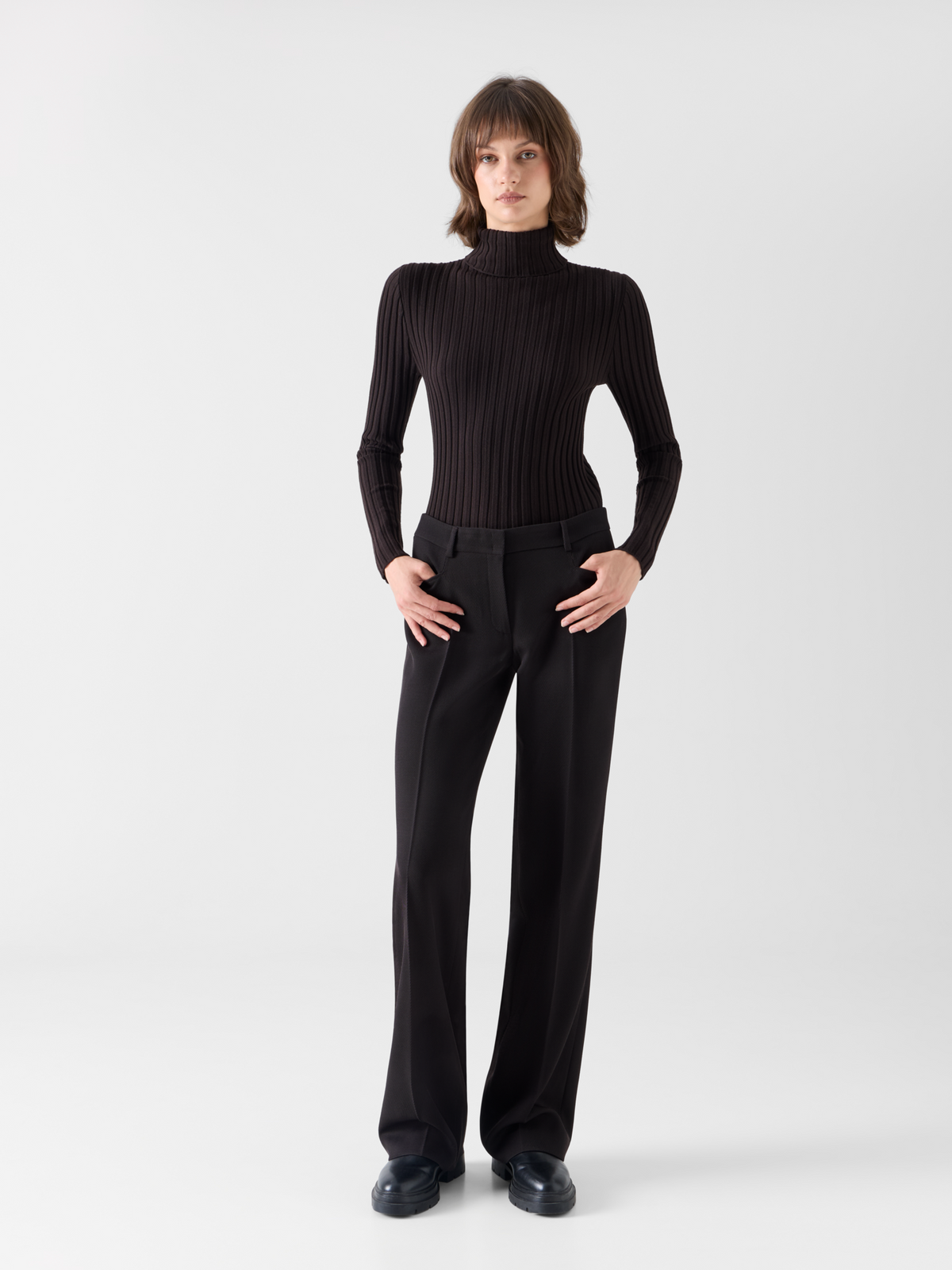 Designer Reversed Rib Merino Knit Turtleneck - brown 