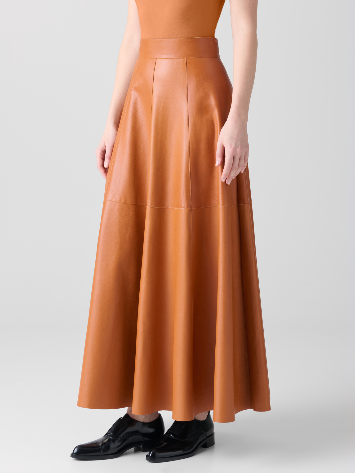 Designer Midi Leather Skirt in A-Line  - neutral - brown