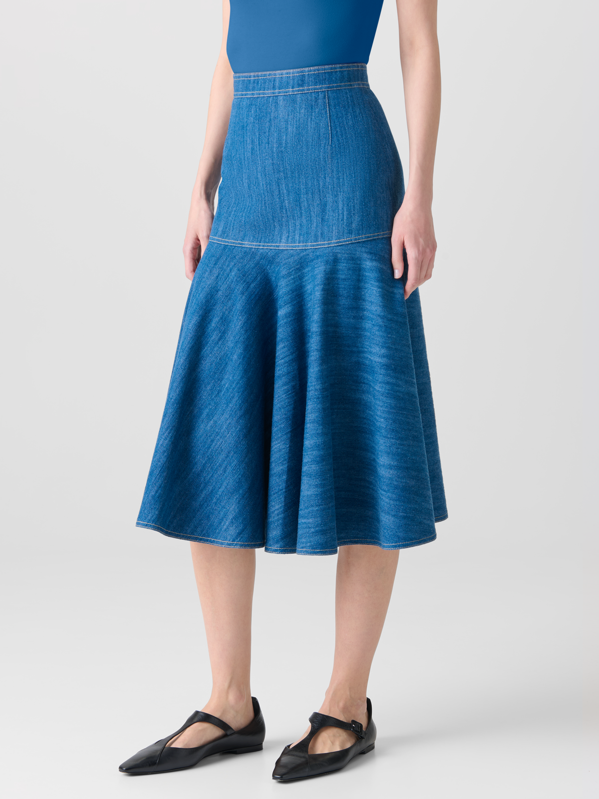 Designer Cotton Stretch Denim Skirt with Flounce Hem - blue #editorial