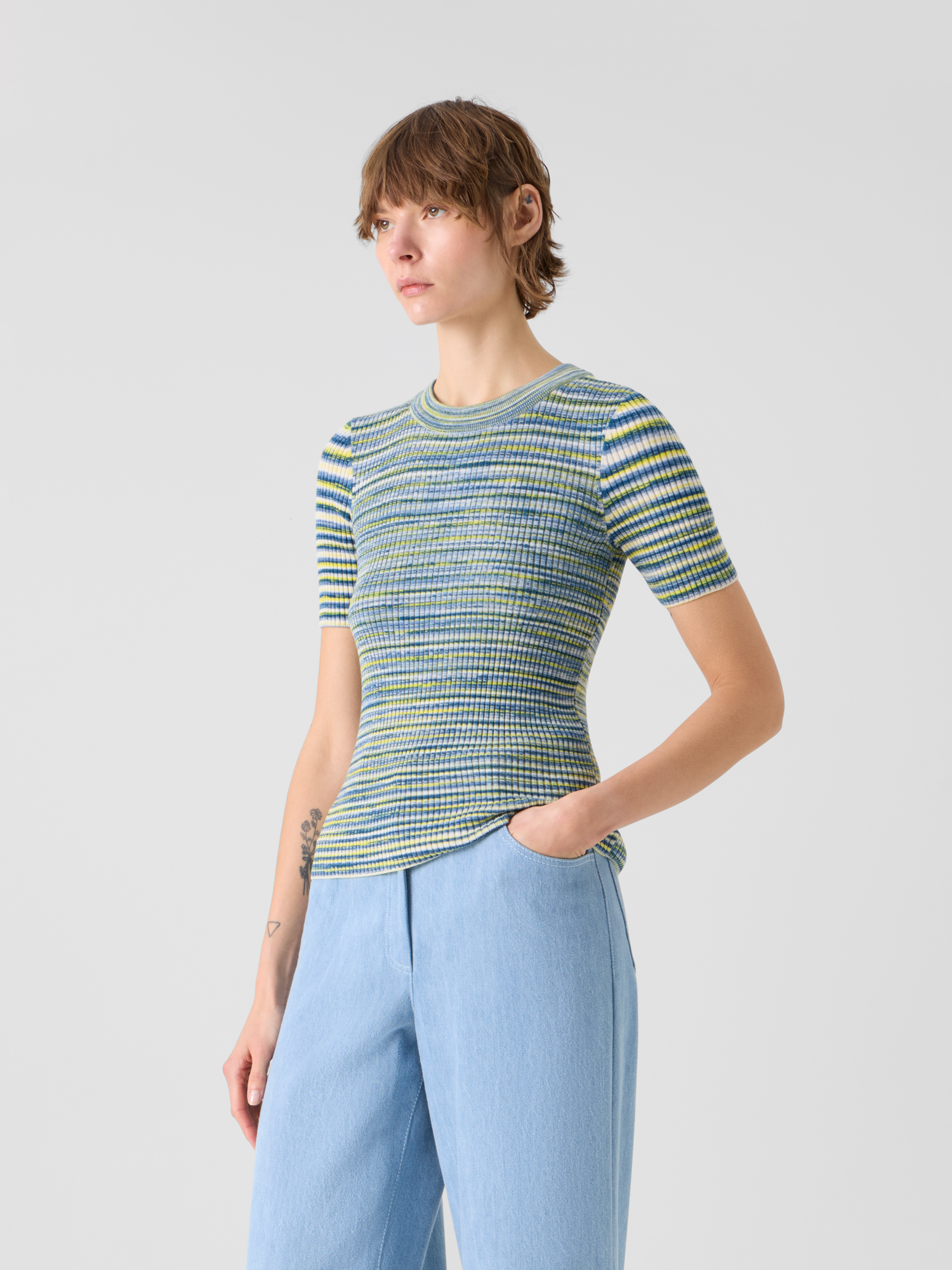 Designer Fitted Space-Dye Merino Rib Knit Top - multicolor