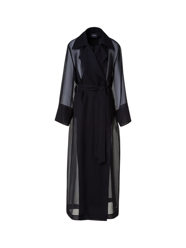 Designer Long Trench Coat in Silk - black