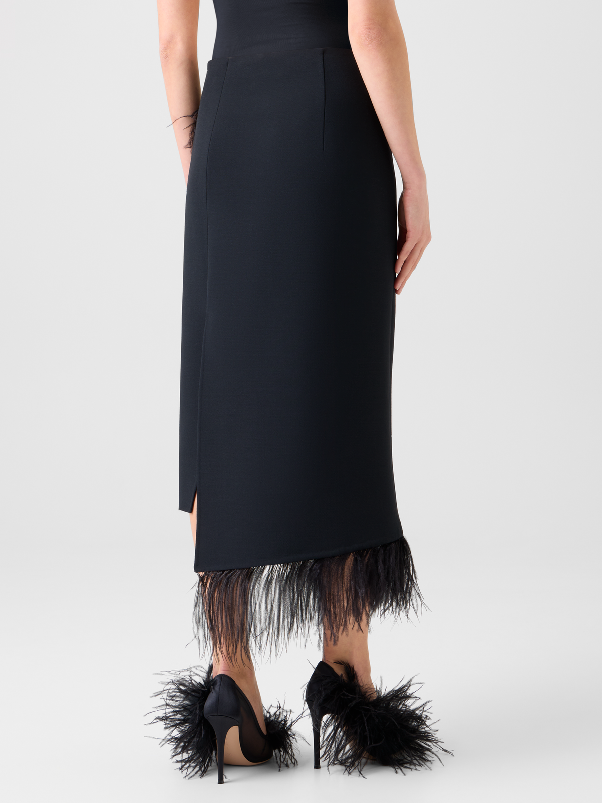 Designer Asymmetrical Wool Midi Skirt with Feather Trim - black - neutral #editorial