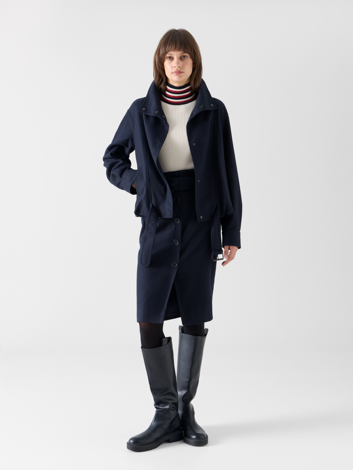 Designer High Waist Wool Flannel Pencil Skirt - navy 