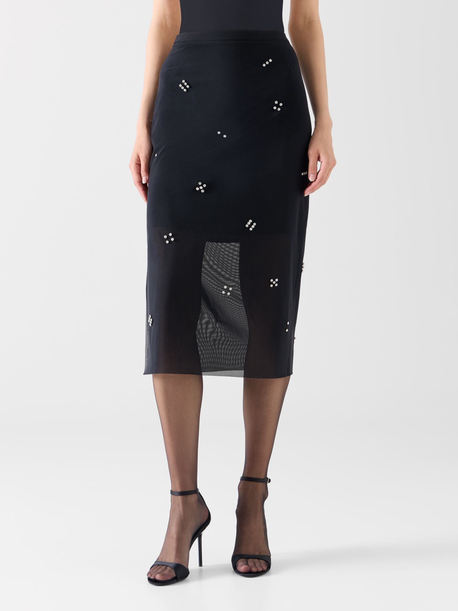 Designer Tulle Pencil Skirt with Diamond Dice Dot Embellishment - black 