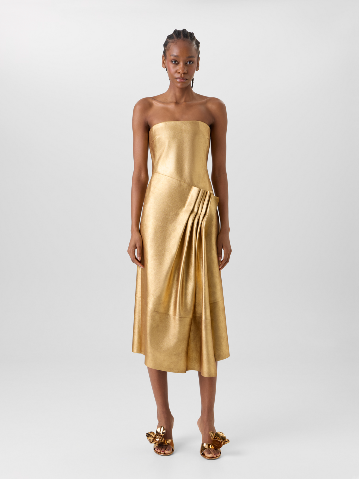 Designer Lamé Leather Bustier Gown with Front Draping - gold 